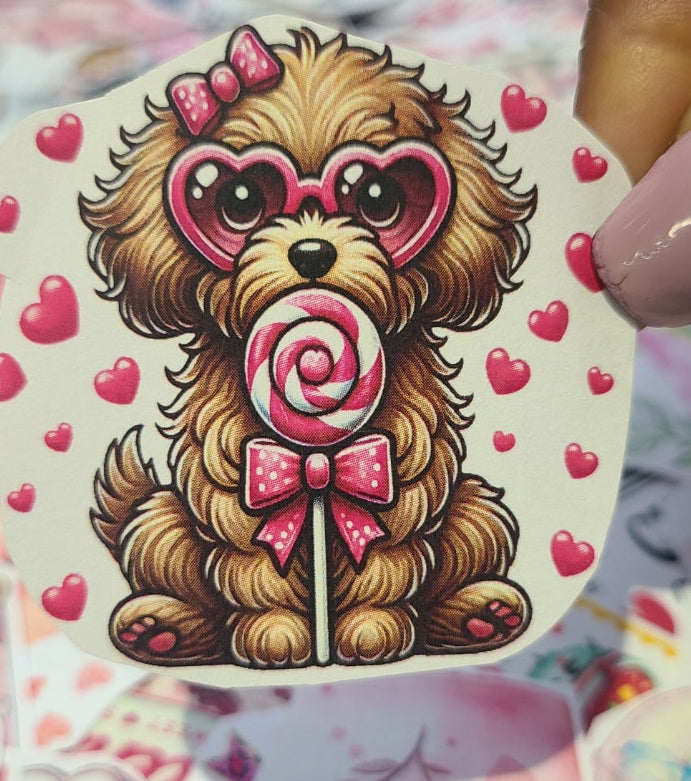 Valentine Labradoodle with Pink B ow and Sucker