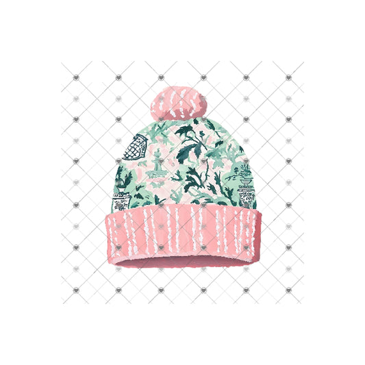 Christmas Pink Mint Chinoiserie Beanie