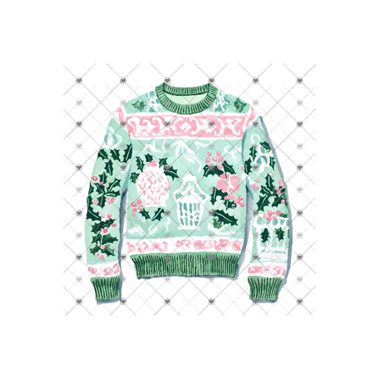 Christmas Pink Mint Chinoiserie Ugly Sweater